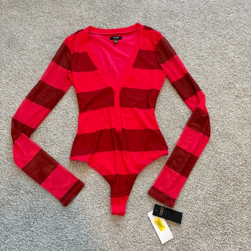 AFRM Bodysuit Womens XS Red Striped Long Sleeve Mesh Rugby Casual